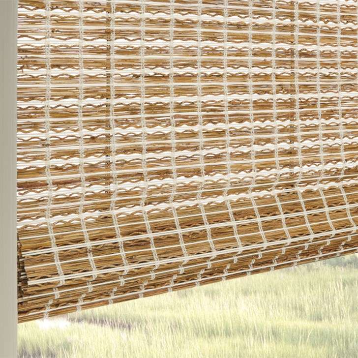 Old Style Roman Woven Wood Shades with Motorized Lift: Lagoon, Honeynut Cream 85133