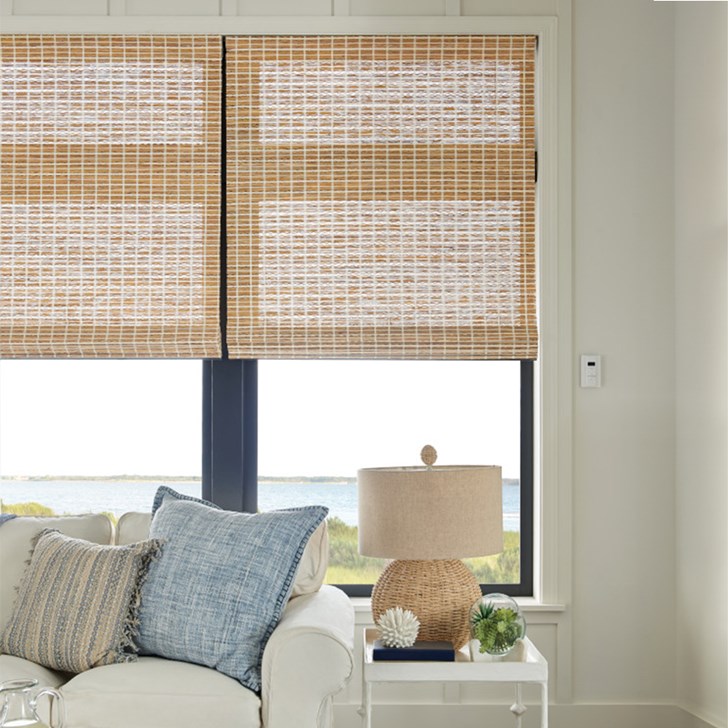 Old Style Roman Woven Wood Shades with Motorized Lift: Lagoon, Honeynut Cream 85133