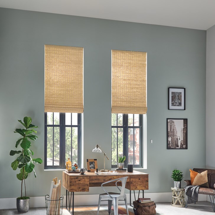 Old Style Roman Woven Wood Shades with Motorized Lift: Faroe, Twine 65091 and Privacy Liner: Sand 2701