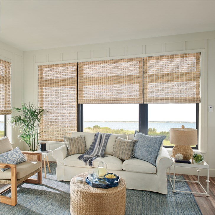 Old Style Roman Woven Wood Shades with Motorized Lift: Lagoon, Honeynut Cream 85133