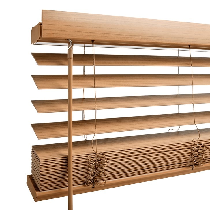 The Premium 2 1/2in. Faux Wood Blinds in the English Chestnut color with the 2 1/2in. Modern Valance.
