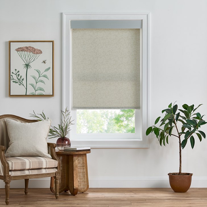 Color: Burlington Sandstone JM1003; Lift: Motorized; Bottom Rail: Fabric Wrapped; Headrail: 4 Inch Sq Aluminum Fascia in Anodized Aluminum