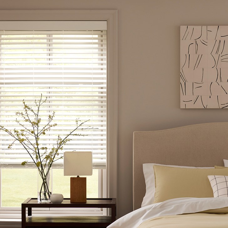 The 2in. Faux Wood Blinds in the Wood Texture Pearl color with the Modern Valance.