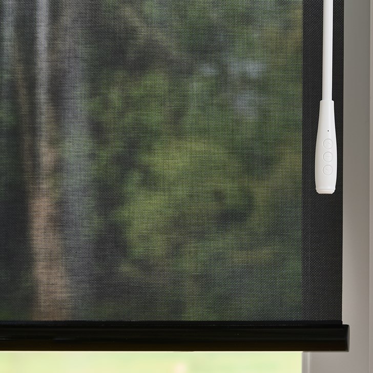 Color: Cannes 5% Mink; Lift: Motorized Wand; Headrail: Cassette Valance; Bottom Rail: External Bottom Bar