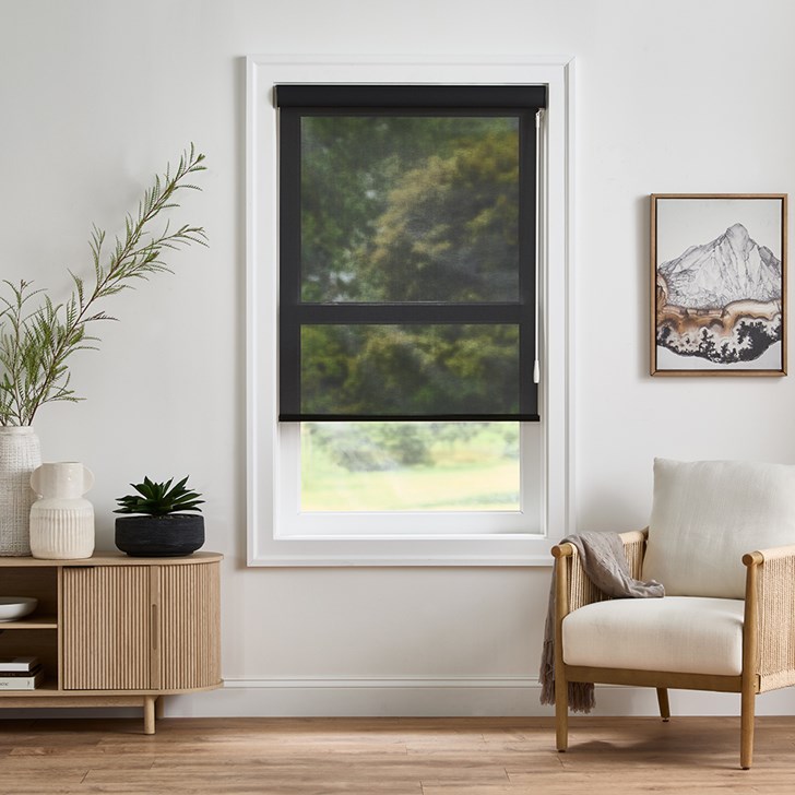 Color: Cannes 5% Mink; Lift: Motorized Wand; Headrail: Cassette Valance; Bottom Rail: External Bottom Bar