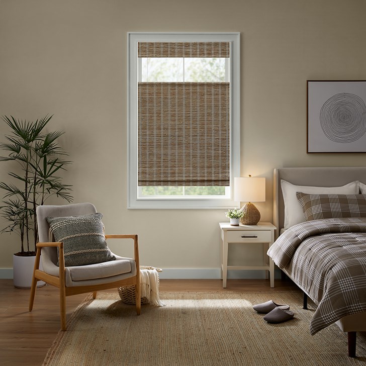 Color: Dallas Caramel; Lift: TDBU; Light Control: Blackout Liner; Headrail: Deco Valance