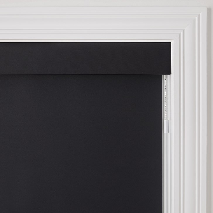 Color: Interlude Black 6320; Headrail: Fabric Wrapped 4 Inch Cornice; Bottom Rail: Square Hem Bar; Motorized Hub: Google