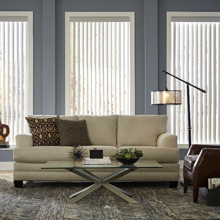 Vertical Blinds can be a beautiful option for picture windows or tall windows when you still want the option for a clear view. Shown in the pattern Smooth Light Grey.