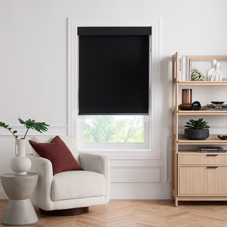 Color: Interlude Black 6320; Headrail: Fabric Wrapped 4 Inch Cornice; Bottom Rail: Square Hem Bar; Motorized Hub: Google