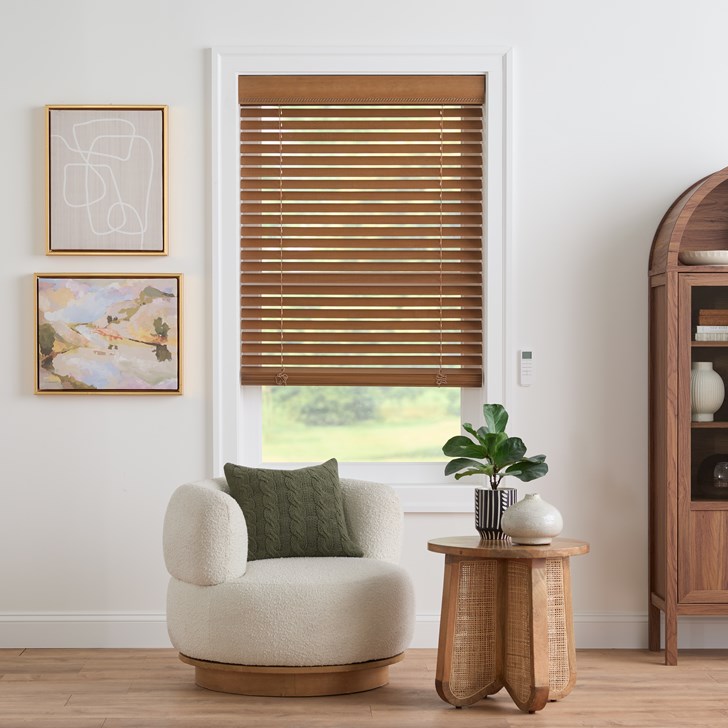 Color: Mink 130; Lift and Tilt: Motorized; Slats: Rounded Corners; Valance: 4 Inch Cord