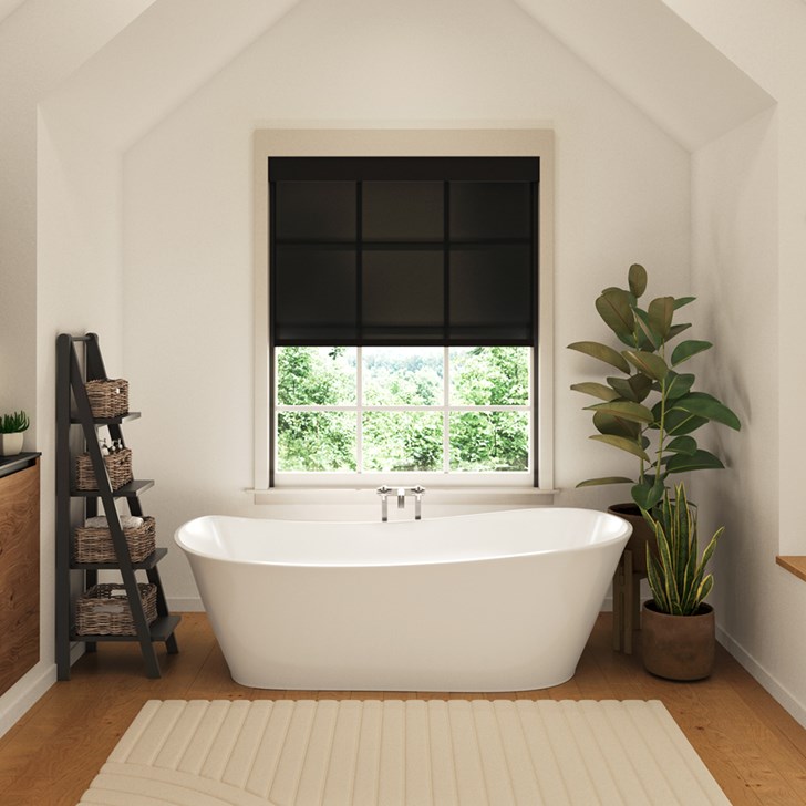 Color: Privacy Interlude Black; Headrail: Black Fascia; Bottom Rail: Black Square Hem Bar; Privacy: Light Blockers