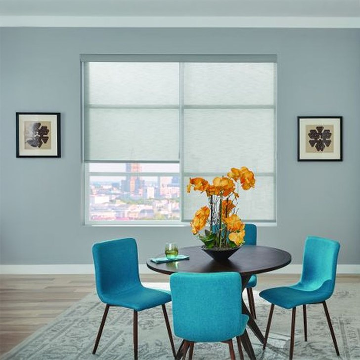 Roller Shade with Motorized Wand, Fabric-Wrapped Hem Bar: Everly, Cinder 21464, and Contour Valance