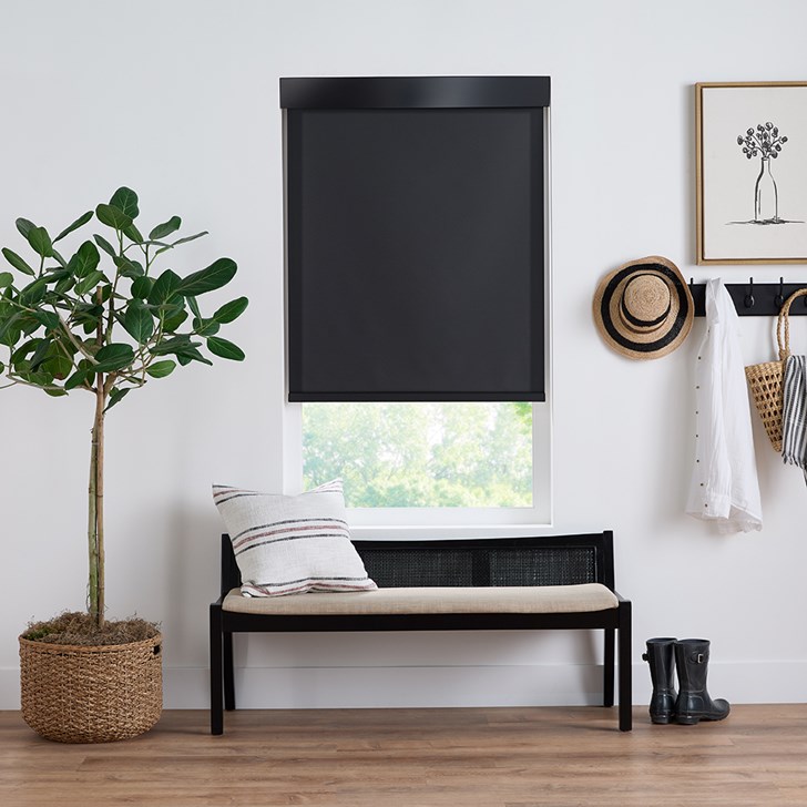 Color: Splendor Black SP08; Lift: Motorized; Bottom Rail: Fabric Wrapped; Headrail: 4 Inch Square Aluminum Fascia in Black; Light Control: Light Filtering