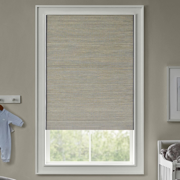 Color: Leia Gray ZW25C; Lift: Cordless; Light Control: Blackout Liner; Headrail: No Valance; Edge Binding: Black