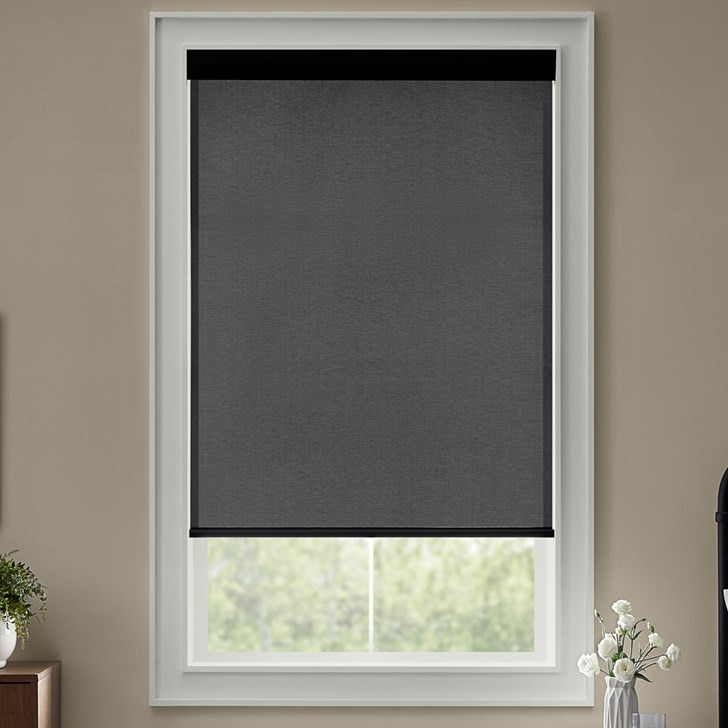 Color: 5% Palermo Shadow; Lift: Cordless; Headrail: 3 Inch Fabric Covered Cassette Valance in the Black color; Bottom Rail: External