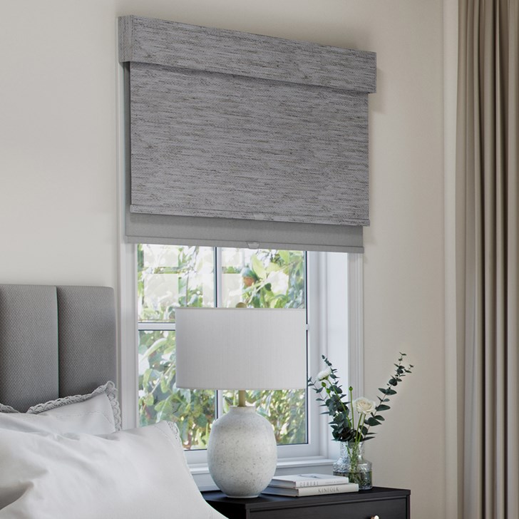 Color: Newport Natural; Dual Shade: Landera Snowflake; Bottomrail: Fabric Wrapped Hembar; Headrail: 7 Inch Fabric Wrapped Valance; Mount: Outside