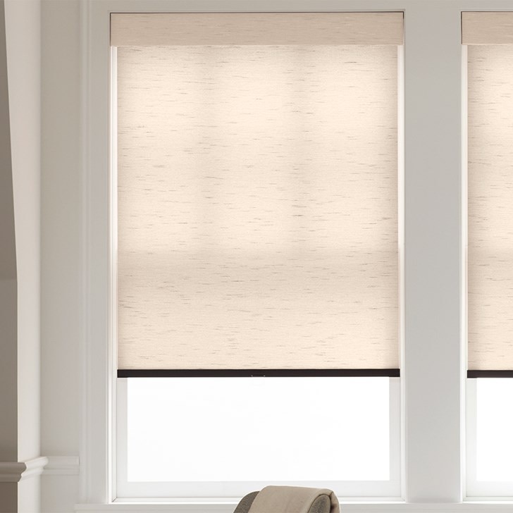 Light Filtering Roller Shades in the Milan Wicker color with the Fabric Wrapped Cornice.